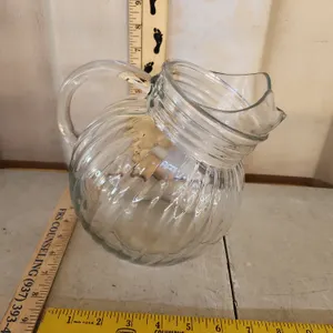 Vintage Ribbed Clear Glass Pitcher, Pressed Glass 7.5" Tall