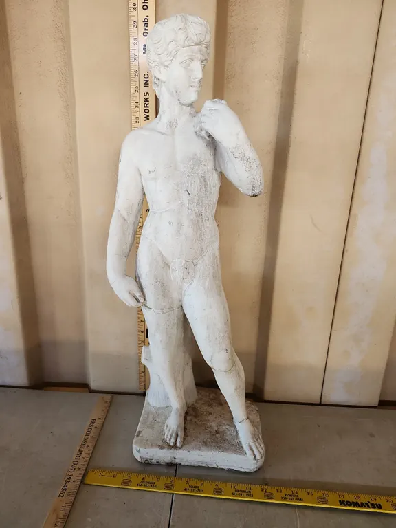Vintage Concrete Michelangelo's David Statue, Some Cracking Damage 28.5" See Photos For Marking
