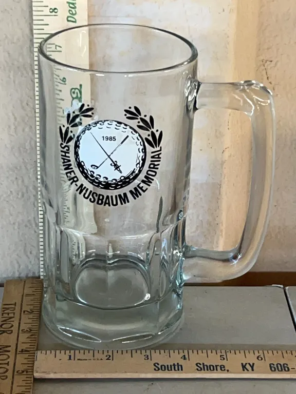 1985 Shaner-Nusbaum Memorial Glass Mug 8" Tall