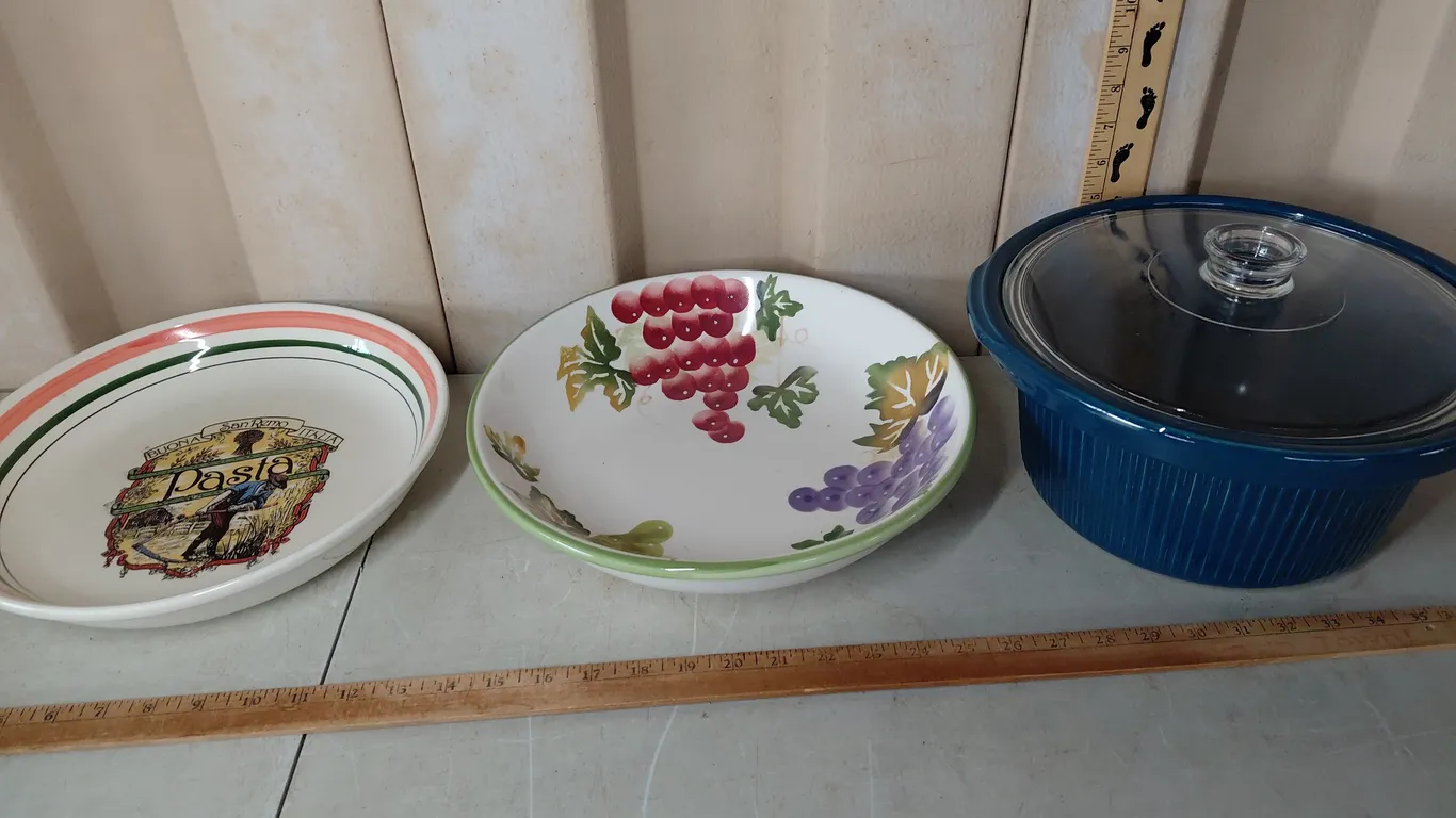 Large Crock W/Lid, Pasta Platter, & Grape Pattern Serving Bowl