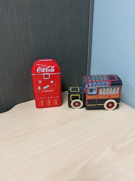 Coca-Cola Vending Machine Tin and Hershey Bus Tin Pair