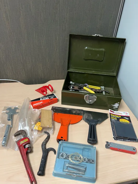 Hand Tools Lot with Metal Tool Box and Accessories