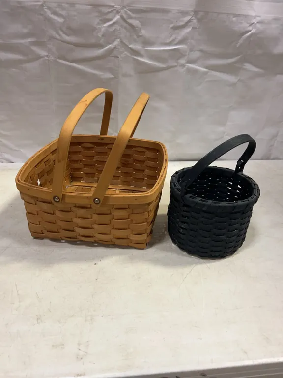 Woven Wood Baskets with Handles, Tan and Black