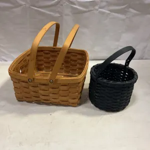 Woven Wood Baskets with Handles, Tan and Black