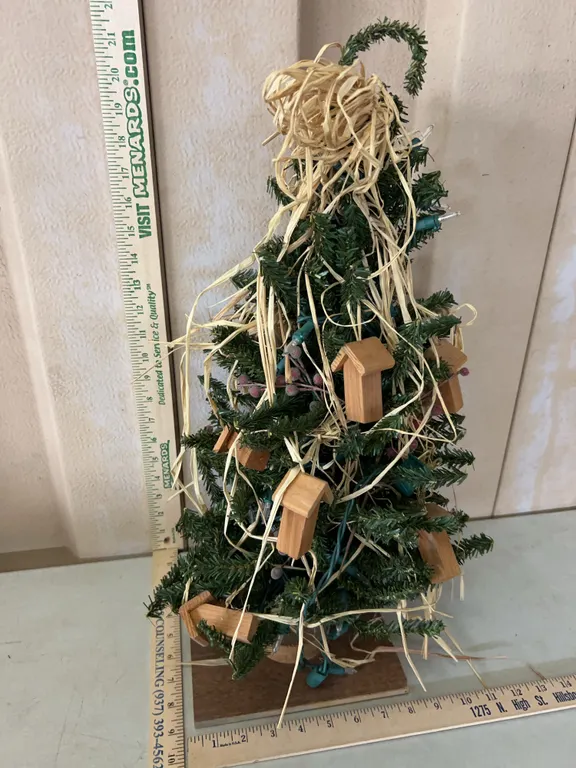 Small Christmas Tree, Lighted, & Wood Bird House Ornaments