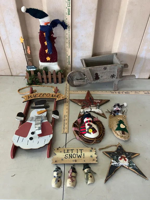 Assorted Wood Snowman Decor-Wheelbarrow, Stars, Etc.