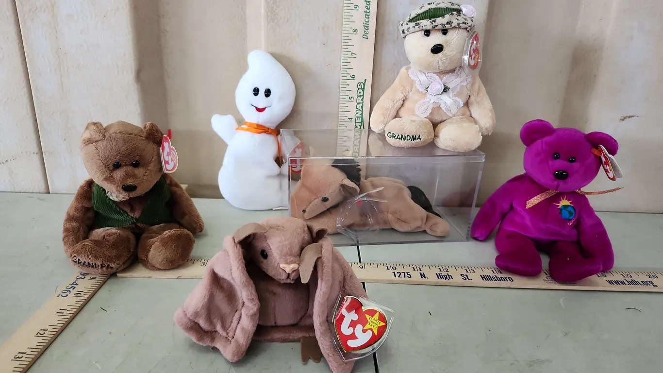 6 TY Beanie Babies & 1 Plastic Display Box, See Photos