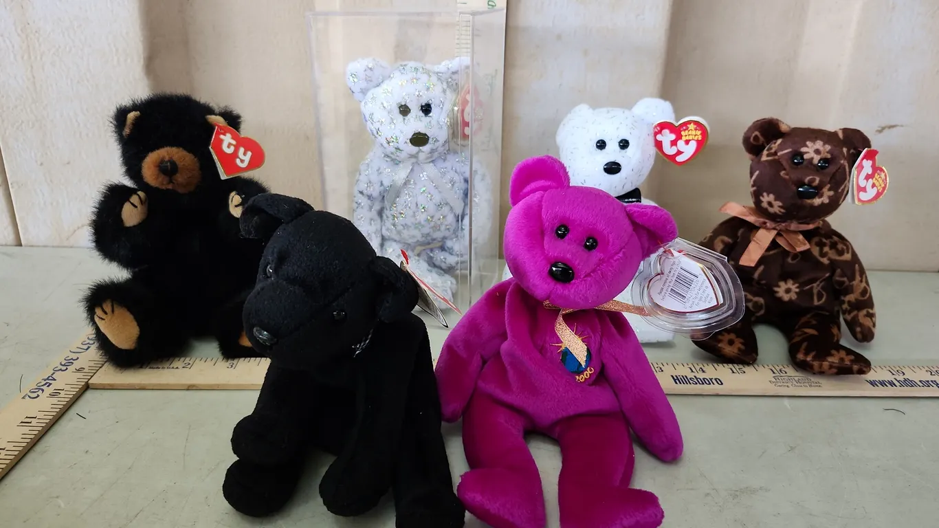 6 TY Beanie Babies & 1 Plastic Display Box, See Photos