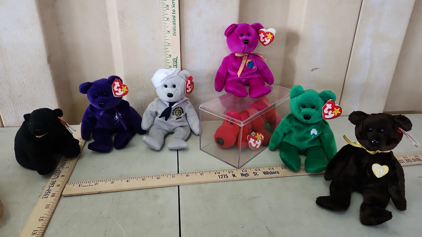 6 TY Beanie Babies & 1 Plastic Display Box, See Photos