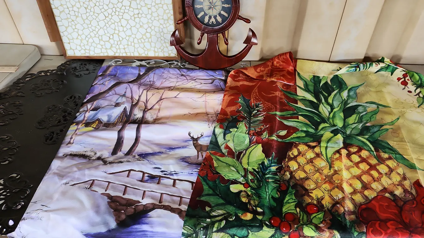 Garden Flag, Lighted Wall Hanger, Metal Decor, Wood Tile Top Tray, & Wall Clock Needs Repaired
