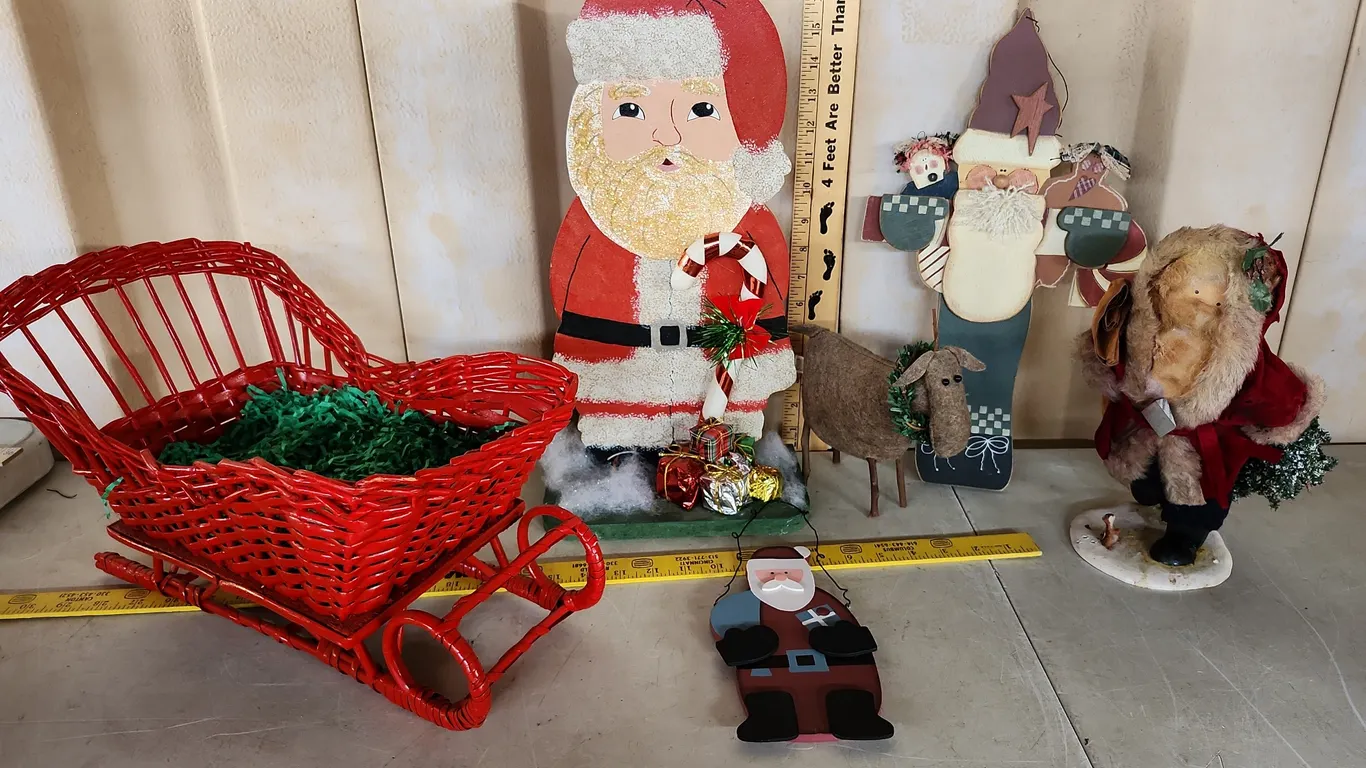 Assorted Santas, 1 Reindeer, & 1 Basket Sled