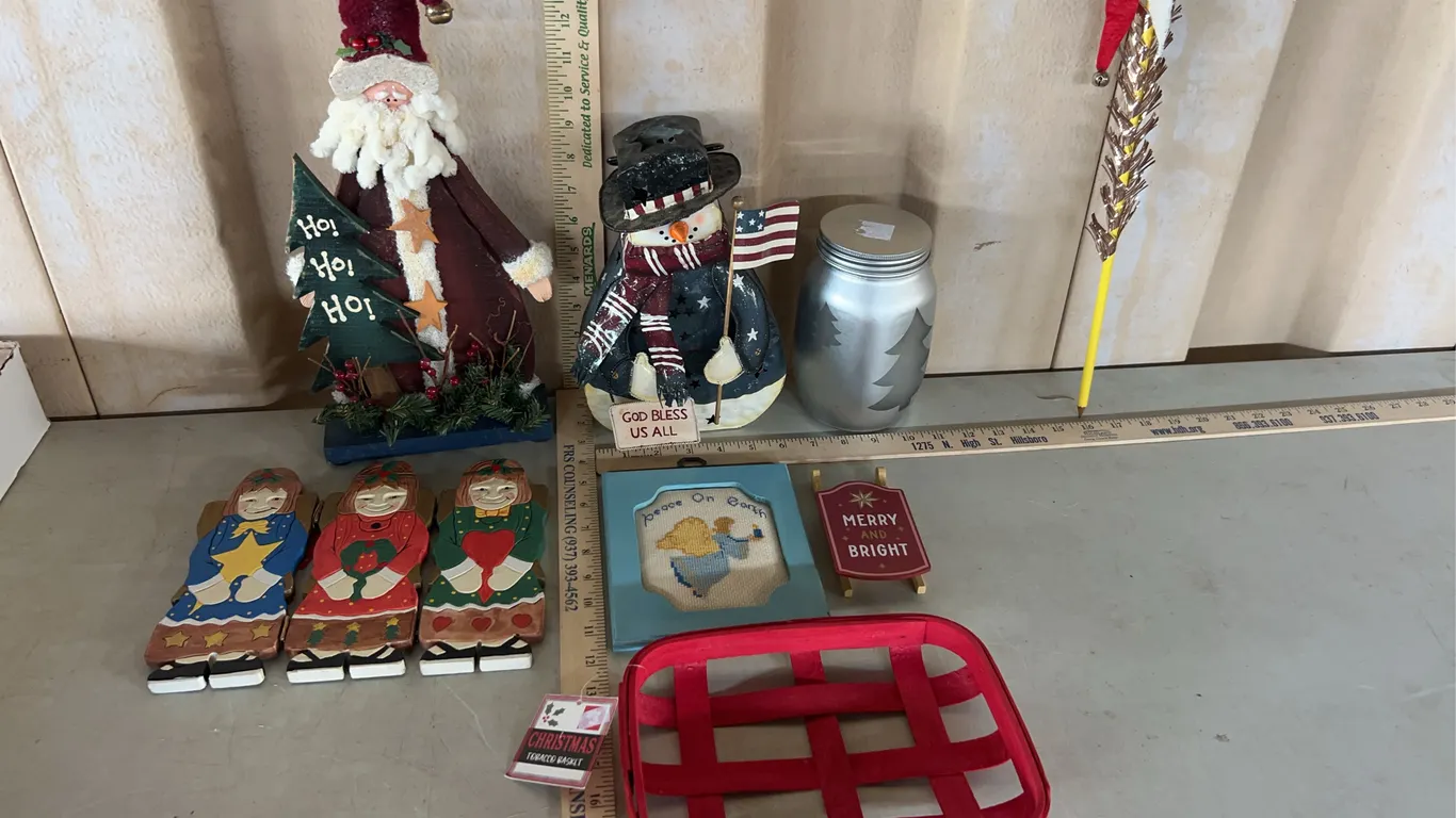 Christmas Decor-Lighted Jar, Metal Snowman Tealight, Wood Sants, Etc.