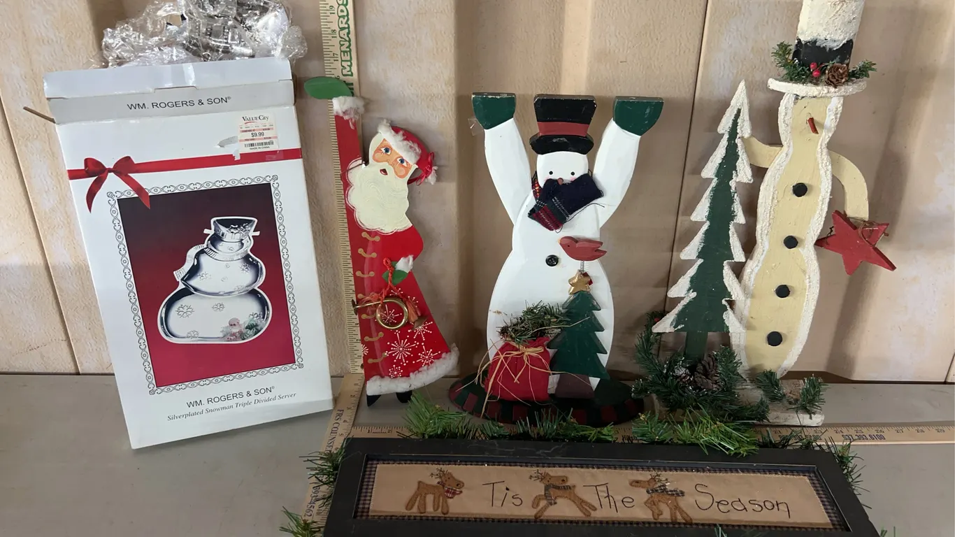 Assorted Christmas Wood Decor & Metal Snowman Tray