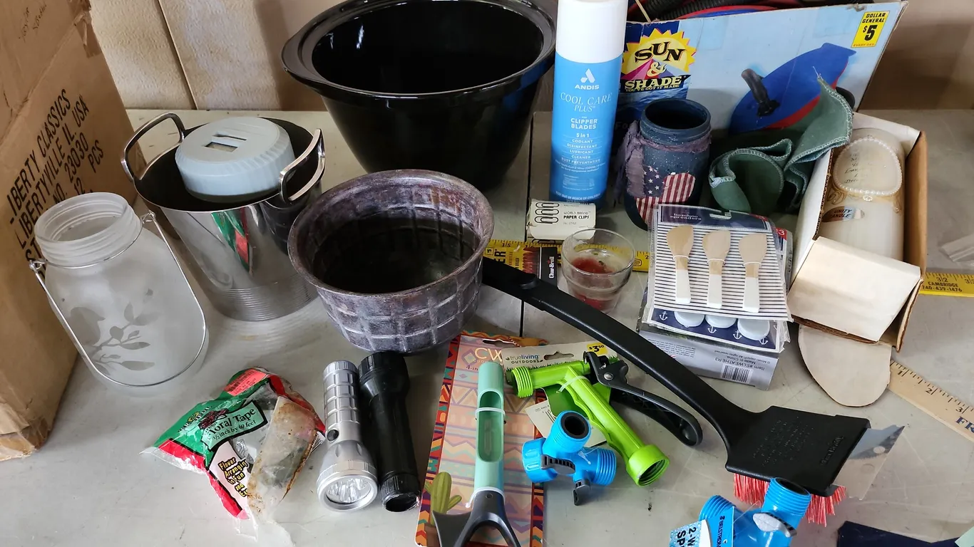 Foot Pump, Crock, Flash Lights, Wood Cheese Knives, Etc.