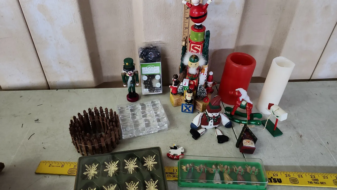 Battery Operated Candles, Ornaments, Crafted Block Tree, Etc.