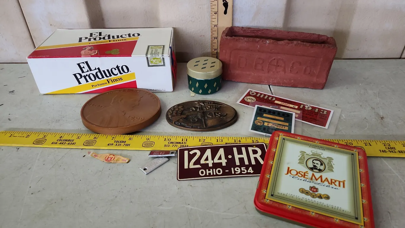 Cigar Box, Large Plastic Penny, Mini License Plate, Brick Planter Etc.