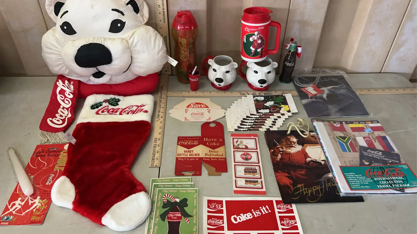Coca Cola Items-Mug, Polar Bear Pillow, Pens, Etc.