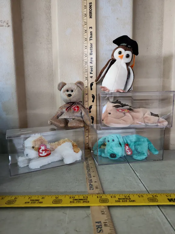 5 TY Beanie Babies & 3 Plastic Display Boxes