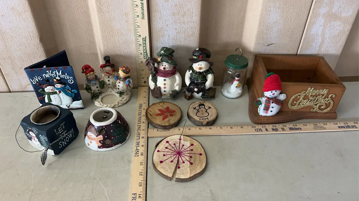 Snowman Decor-Candle Holders, Wood Box, & Figures