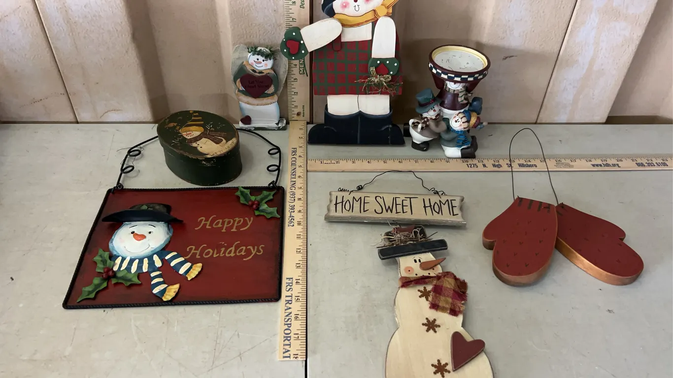 Assorted Snowman Decor-Wood Box, Resin Candle Holder, Etc.