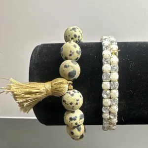 Two Bracelets: Dalmatian Jasper Bead and Rhinestone Stretch