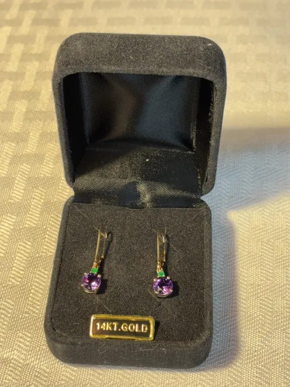 14K Gold, Amethyst/Emerald Earrings