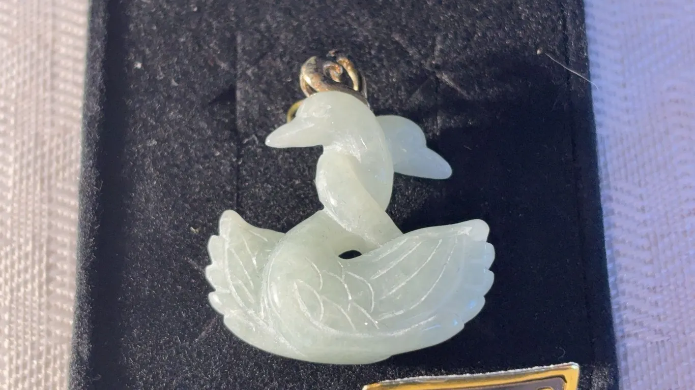 14K Green Jade Swans Pendant