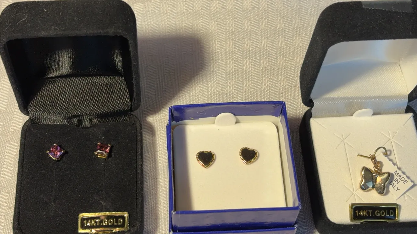 Two Pairs of Earrings and One Charm All 14K