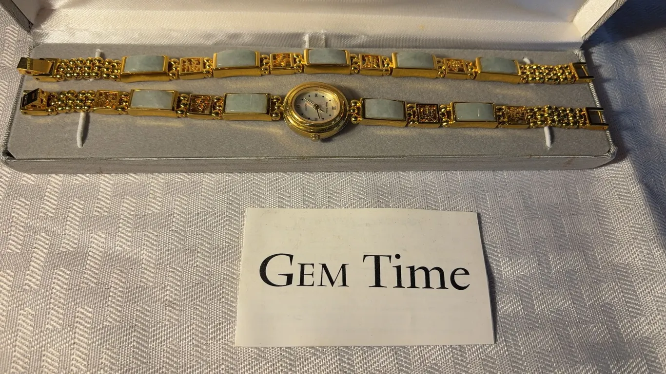 Gem Time Ladies Gold Tone and Jade Watch and Matching Bracelet