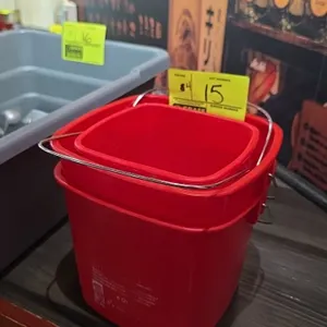 Poly cleaning buckets. Features red molded plastic construction, square shape, 6 qt capacity, and metal bail handles.