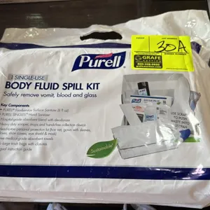 Purell single-use body fluid spill kit. Includes 8 fl oz Foodservice Surface Sanitizer, Purell Singles hand sanitizer, absorbent blend with deodorizer