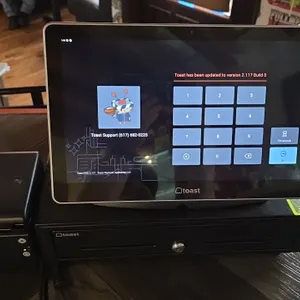 Toast point of sale system. Includes (3) 16" touchscreen displays, (2) cash drawers, (3) receipt printers, and (4) Toast handheld terminals with power