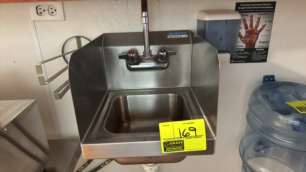 BK Resources BKHS-W-SS-SS stainless steel hand sink. Features integrated side splash guards and splash-mount faucet with gooseneck spout. Includes San