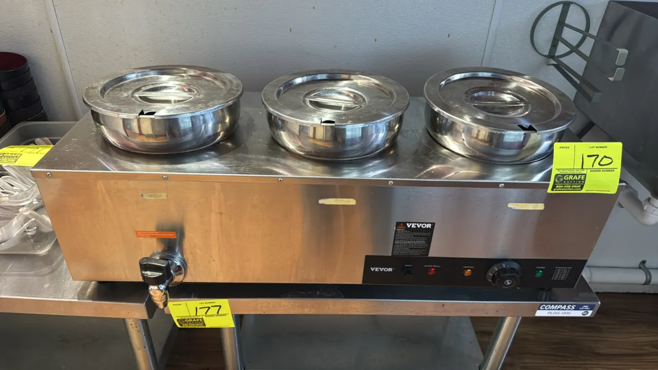 VEVOR TT-7L-3 electric 3-well countertop soup warmer. Features stainless steel construction, (3) round wells with inset pots and notched lids, front d