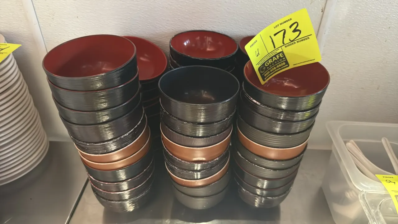 Poly soup bowls. Features stackable plastic construction with textured exterior finish and assorted interior colors including red and black. 4"Dia.
