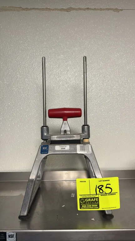 Redco Insta Cut 3.5 manual food dicer. Features cast aluminum construction, 1/2" cut dicing blade assembly, dual guide rods, top red push handle, and