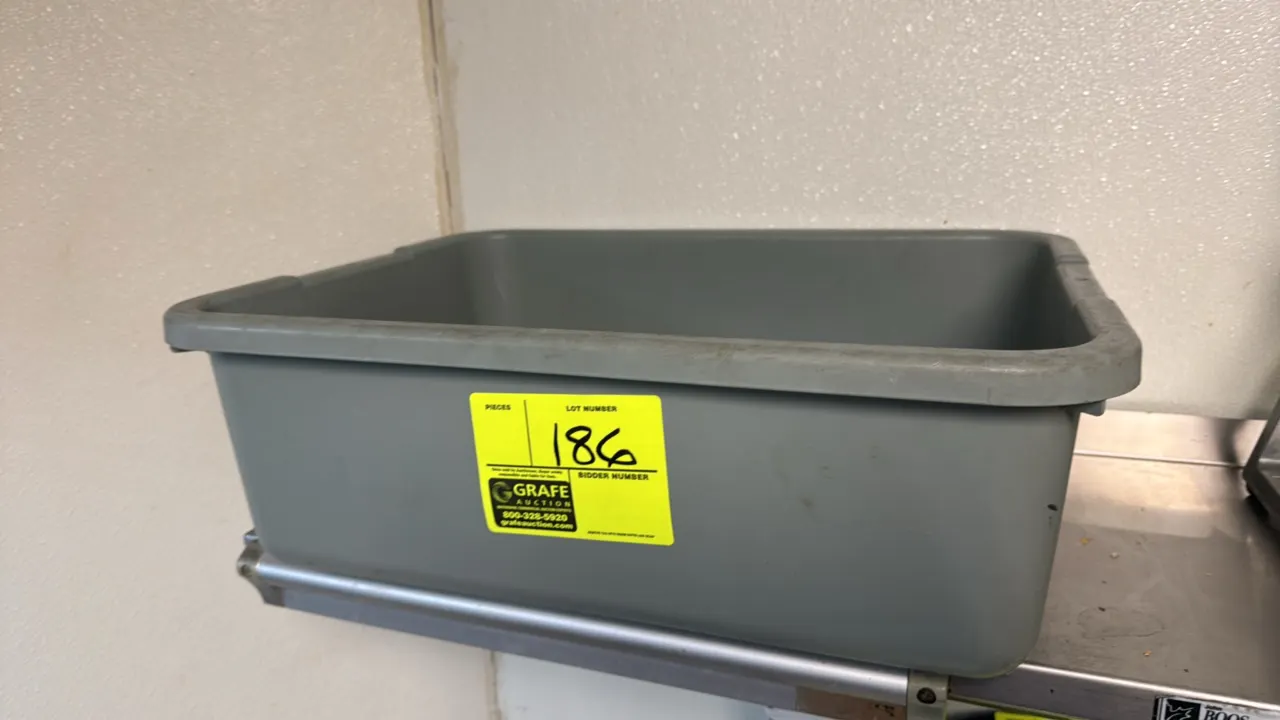 Plastic bus tub. Features durable gray polyethylene construction with molded-in handles.