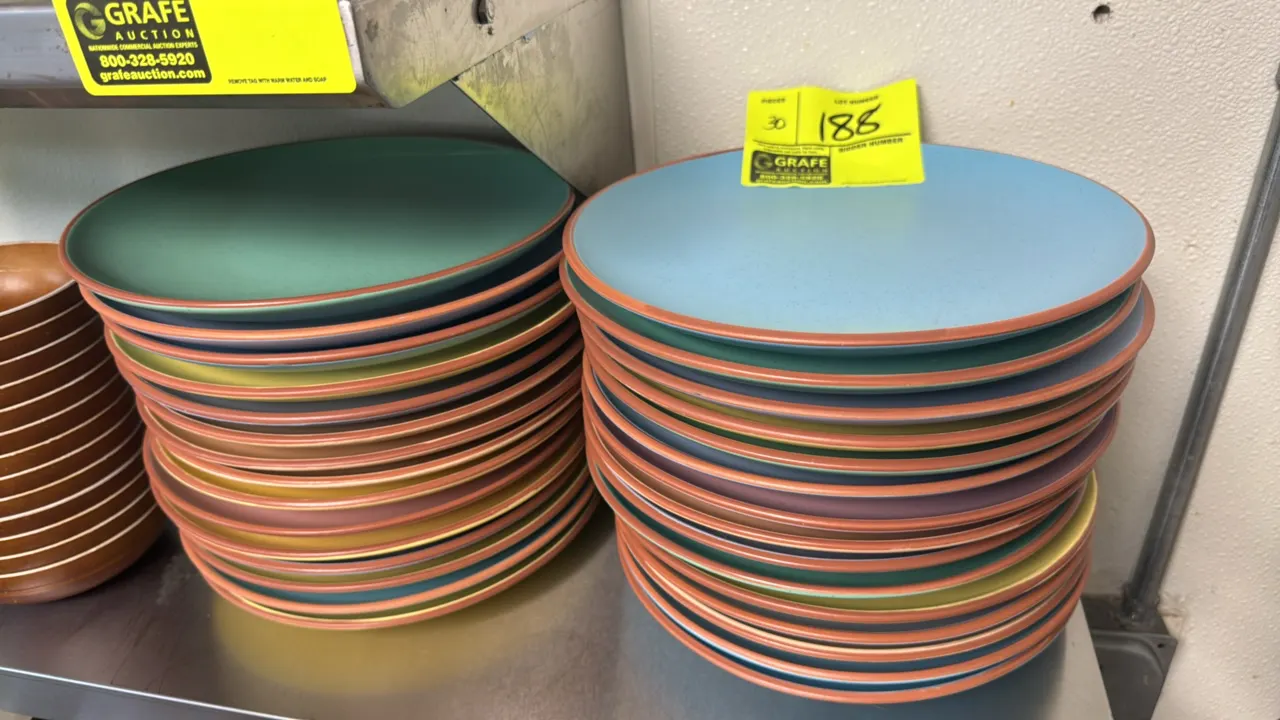 Multi-color ceramic dinner plates. Features assorted colors including blue, green, yellow, and mauve with terracotta-toned rims. 10" Dia.