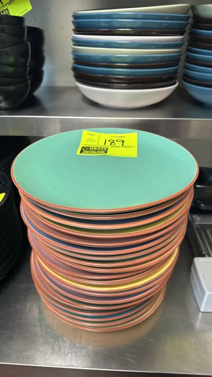 Multi-color ceramic dinner plates. Features speckled glazed finish in assorted colors including teal, yellow, blue, and blush with terracotta-colored