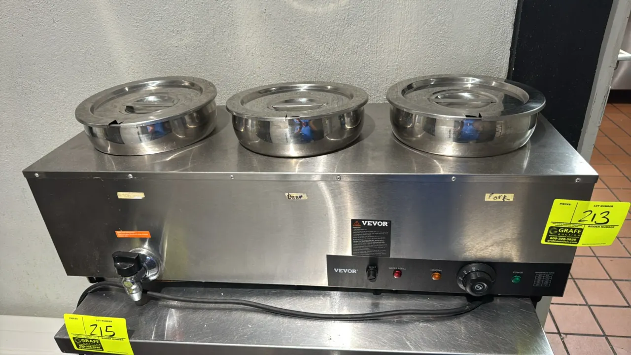 VEVOR TT-7L-3 electric 3-well countertop food warmer. Features stainless steel construction, (3) round wells with notched lids, front drain valve, and