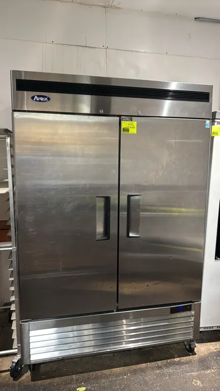 2024 Atosa MBF8507GR 2-door reach-in cooler. Features stainless steel construction, 6 adjustable wire shelves, interior LED lighting, digital temperat