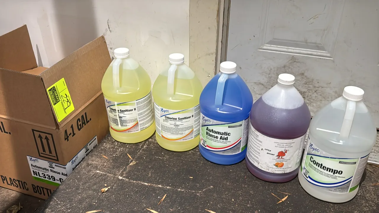 Package lot of assorted commercial cleaning and dish machine chemicals. Includes (2) 1-gallon jugs of Nyco Chlorine Sanitizer II, (1) 1-gallon jug of