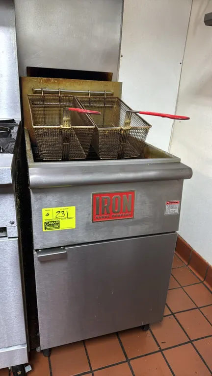 2023 Iron Range Company IRF-75 NAT natural gas commercial fryer. Features stainless steel construction, 5-tube burners, front drain valve, and (2) wir
