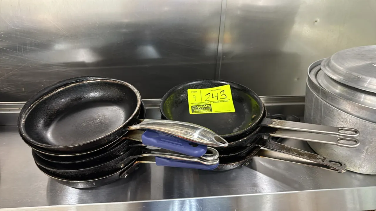 Aluminum frying pans. Features riveted metal handles, select silicone handle grips, and coated interiors. 8" Dia.