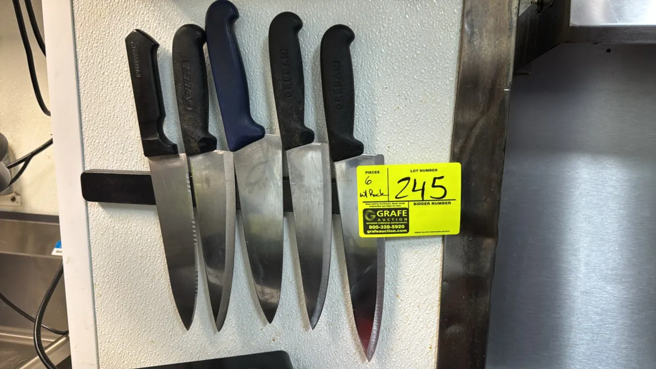 Assorted 9" chef's knives with magnetic holder. Includes (5) chef's knives featuring molded handles and (1) wall-mount magnetic knife bar. 9" blades.