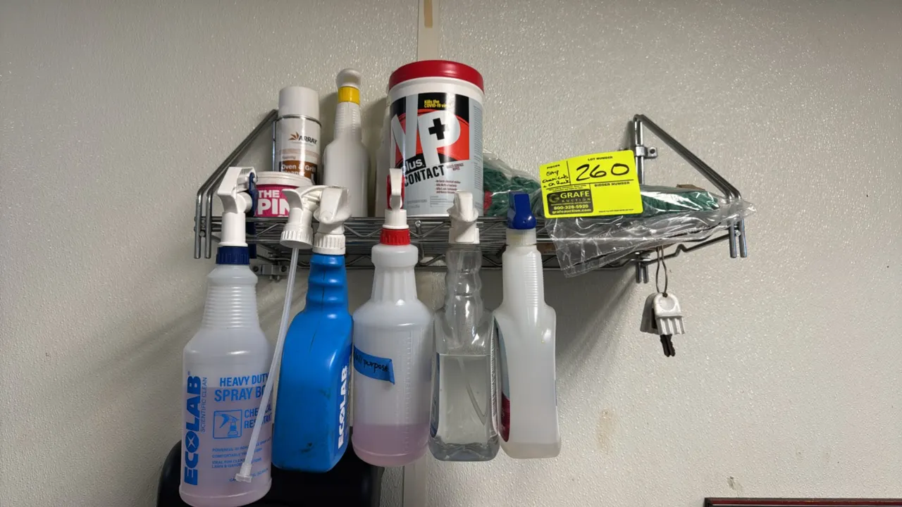 Package lot of assorted cleaning supplies. Includes assorted spray bottles, NP+ Contact multi-surface wipes, The Pink Stuff cleaning paste, aerosol ov