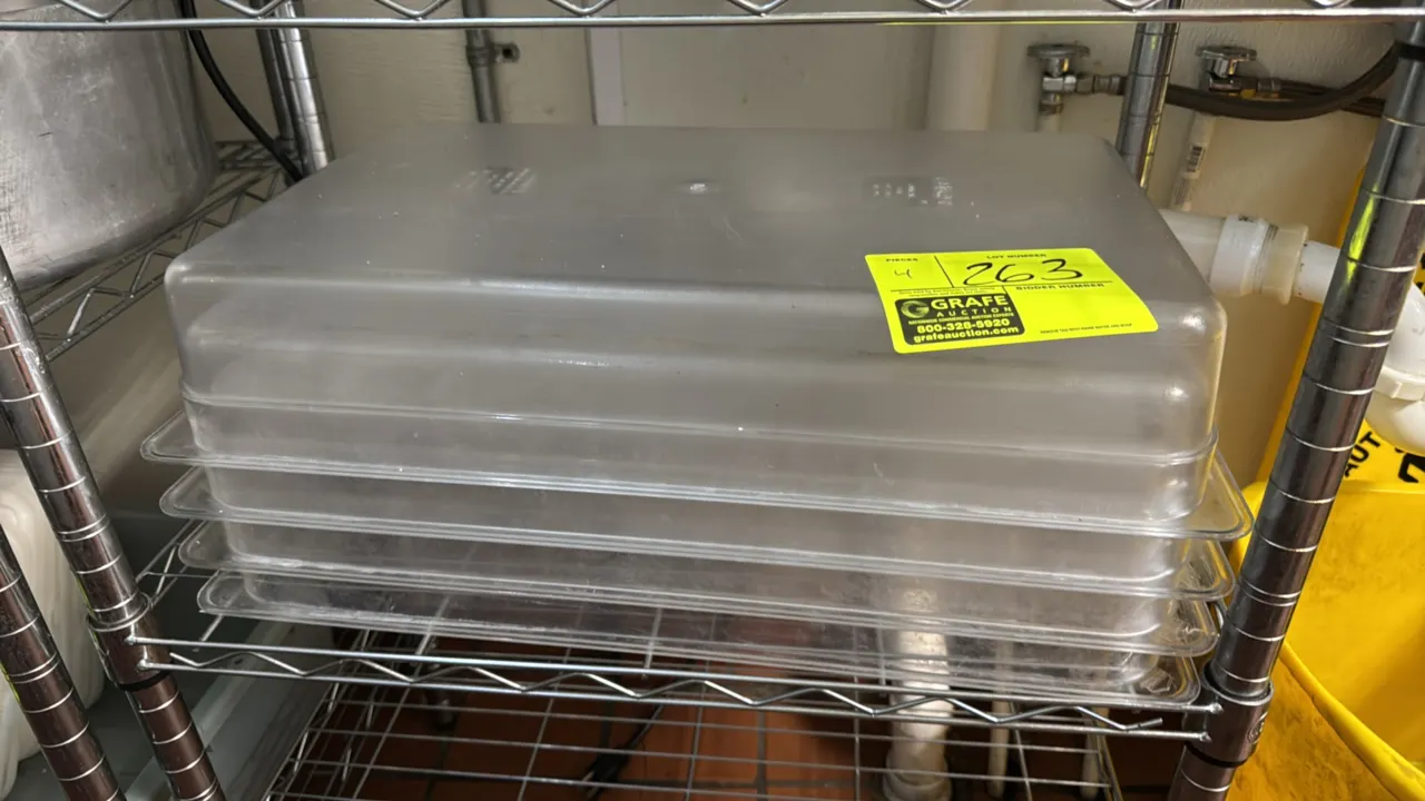 Full-size poly insert food pans. Features clear plastic construction and stackable design. 4" depth. Wire shelving not included.