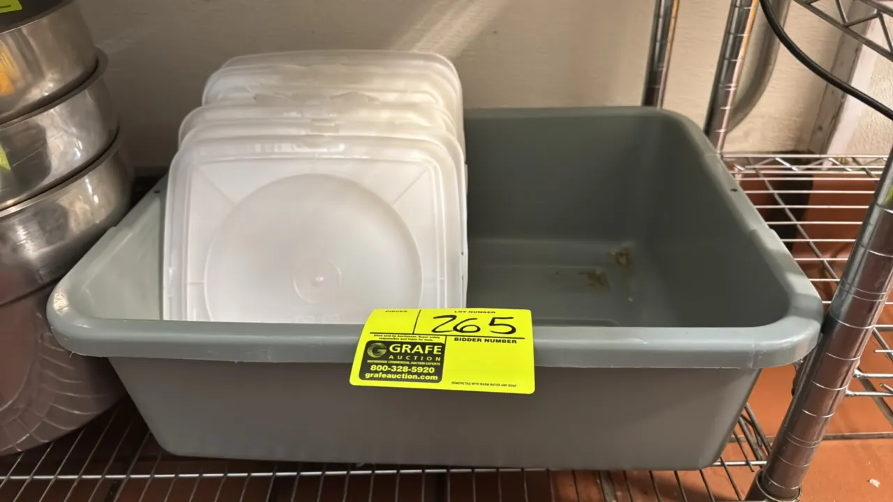 Poly bus tub with translucent poly container lids. Features gray molded plastic construction with integrated handles and includes a stack of transluce