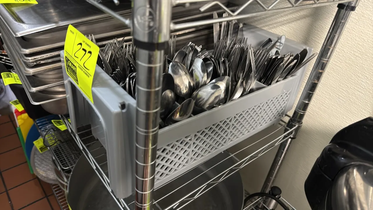 Package lot of assorted stainless steel flatware with plastic caddy. Includes various forks, spoons, and knives organized in a multi-compartment gray