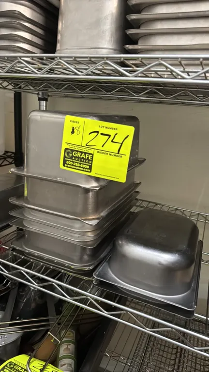 1/4-size stainless steel insert pans. Features assorted depths. Shelving not included.